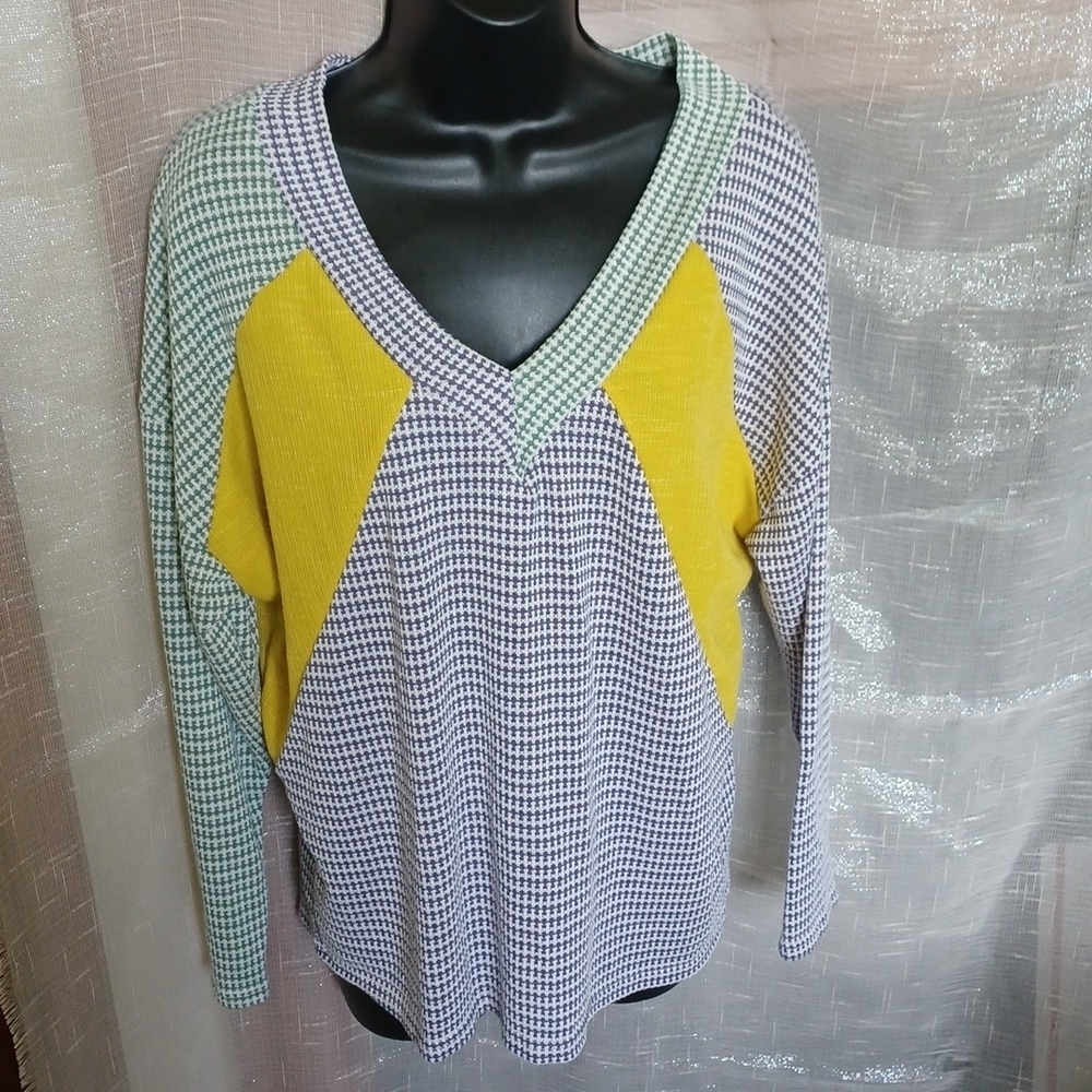 Sugarfox Color Block and patterned Top, white/green/purple/yellow, size S